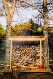 Sunlit backyard wood shelter between two trees with neatly stacked firewood and split logs, an axe in a stump and a red bucket labeled "FIRE" on the wooden platform.
