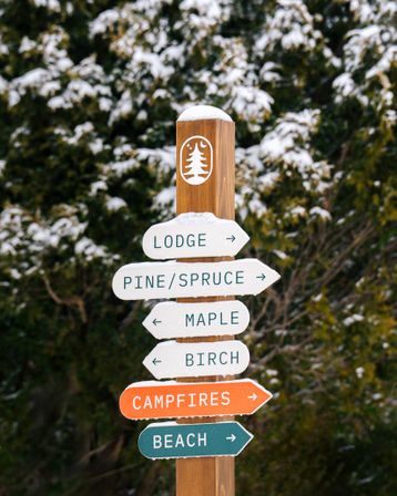 Snow-covered wooden signpost in a winter forest pointing to Lodge, Pine/Spruce, Maple, Birch, Campfires and Beach