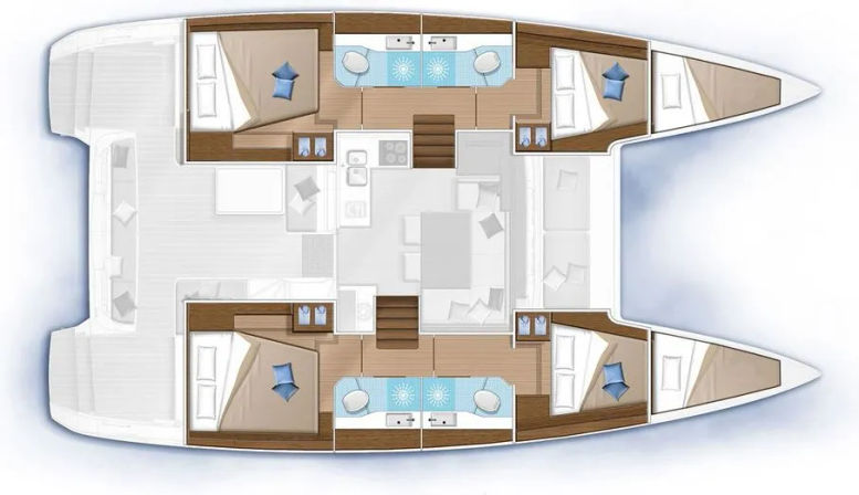 Top-down floor plan of a sailing catamaran yacht showing twin hulls, central salon and galley, and four double-bed cabins each with ensuite bathrooms and wood finishes