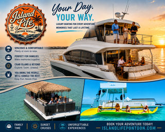 Sunset luxury yacht with friends dining on the deck, a thatch-roof pontoon nearby and colorful kayakers in clear turquoise coastal waters — family-friendly pontoon rentals, sunset cruises and island adventures.