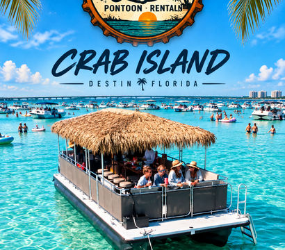 Thatched-roof pontoon bar cruising clear turquoise water near Crab Island, Destin, Florida, palm-framed sunny scene with many anchored boats and an island-style pontoon rental logo overhead.
