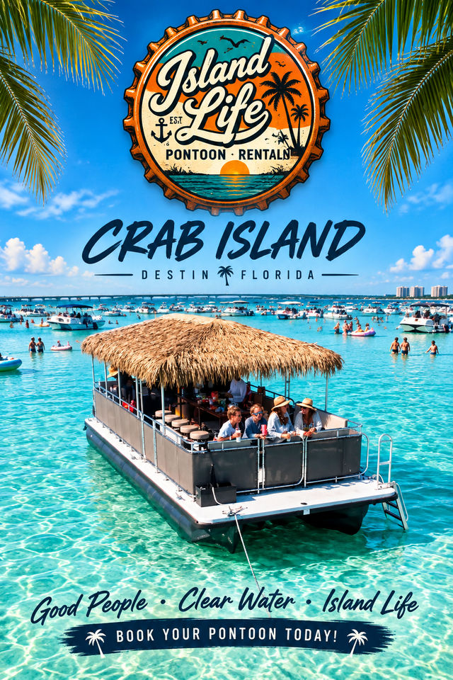 Thatched-roof pontoon bar cruising clear turquoise water near Crab Island, Destin, Florida, palm-framed sunny scene with many anchored boats and an island-style pontoon rental logo overhead.