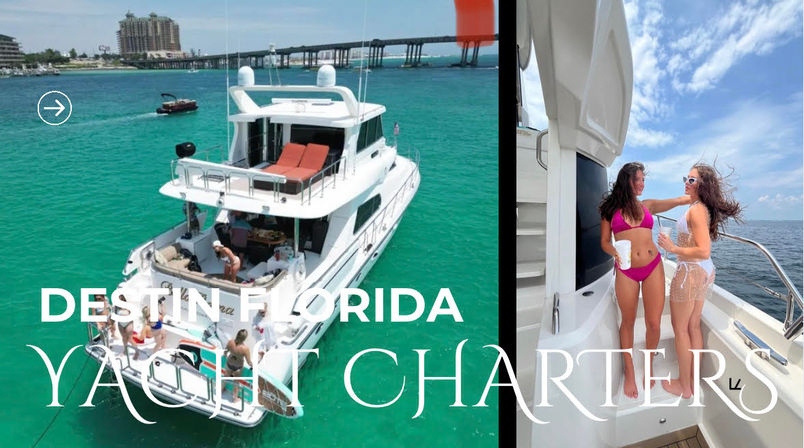 White luxury yacht in turquoise Gulf waters near Destin, Florida, passengers relaxing on the rear deck and two women in swimsuits laughing on the side deck under a sunny blue sky.