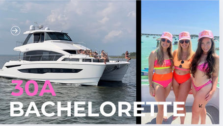 30A bachelorette party on a white luxury yacht with guests lounging on the bow and three women in neon bikinis and pink caps posing on a boat in turquoise coastal water