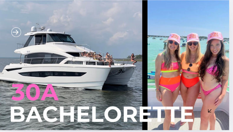 30A bachelorette party on a white luxury yacht with guests lounging on the bow and three women in neon bikinis and pink caps posing on a boat in turquoise coastal water