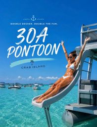 Woman in a white bikini sliding down a pontoon boat slide with arms raised into crystal turquoise water at Crab Island, surrounded by anchored boats under a bright blue sky; 30A Pontoon promo