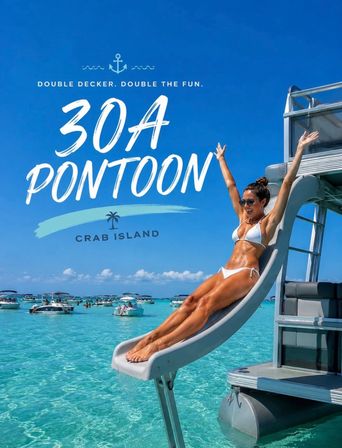 Woman in a white bikini sliding down a pontoon boat slide with arms raised into crystal turquoise water at Crab Island, surrounded by anchored boats under a bright blue sky; 30A Pontoon promo