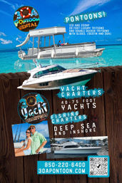 Bright coastal flyer with a pontoon boat with slide above turquoise water and a luxury yacht, promoting pontoon rentals and 40–75 foot yacht charters for deep-sea and inshore fishing, plus photos of happy passengers and a QR code — Florida Gulf Coast boat charters.