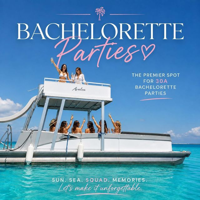 Bachelorette party on a two-level boat in turquoise 30A waters, women in swimsuits toasting with champagne under a bright blue sky.