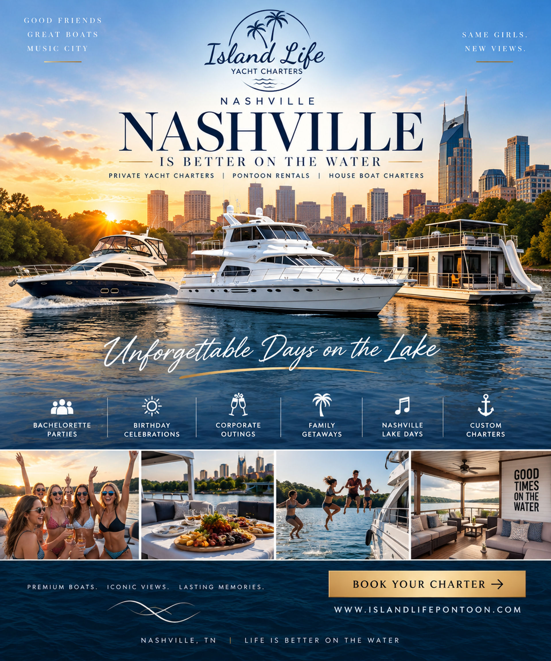 Nashville skyline at sunset with luxury yachts and a houseboat on the river, groups celebrating, swimming, and enjoying waterfront charters for parties, family getaways, and scenic cruises.