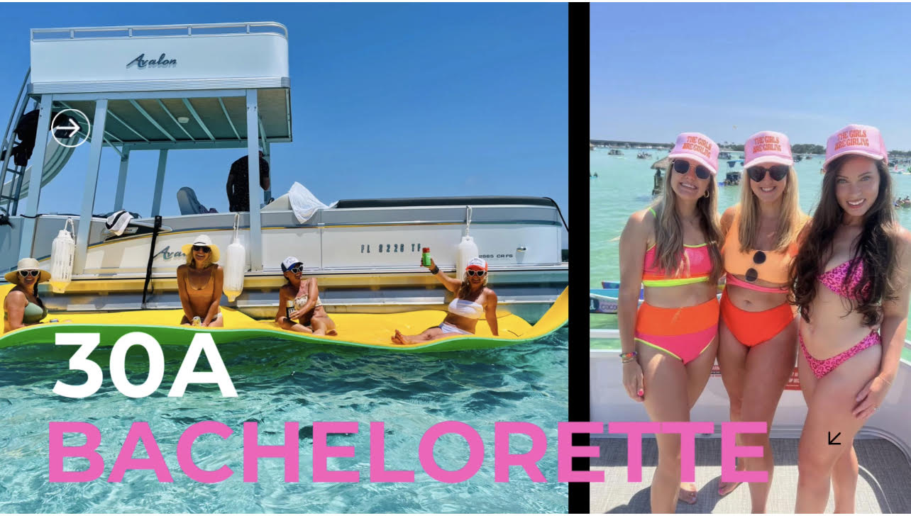 30A bachelorette boat party with women in neon bikinis and pink caps posing on a pontoon and lounging on a bright yellow inflatable in clear turquoise water