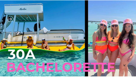 30A bachelorette boat party with women in neon bikinis and pink caps posing on a pontoon and lounging on a bright yellow inflatable in clear turquoise water