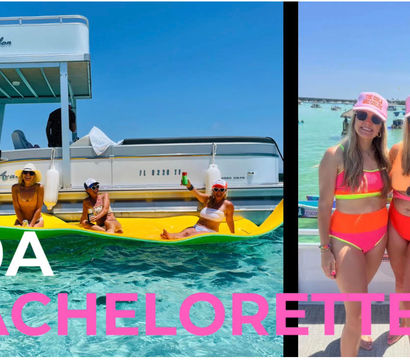 30A bachelorette boat party with women in neon bikinis and pink caps posing on a pontoon and lounging on a bright yellow inflatable in clear turquoise water