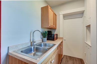 Cozy compact kitchen with double stainless steel sink and chrome faucet, light wood cabinets, countertop microwave, potted plant, and white door.