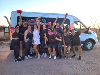Group of friends cheering in front of a white tour van at a desert sunset, most wearing black outfits and pink bandanas while one person in a white dress poses, lively outdoor tour celebration.