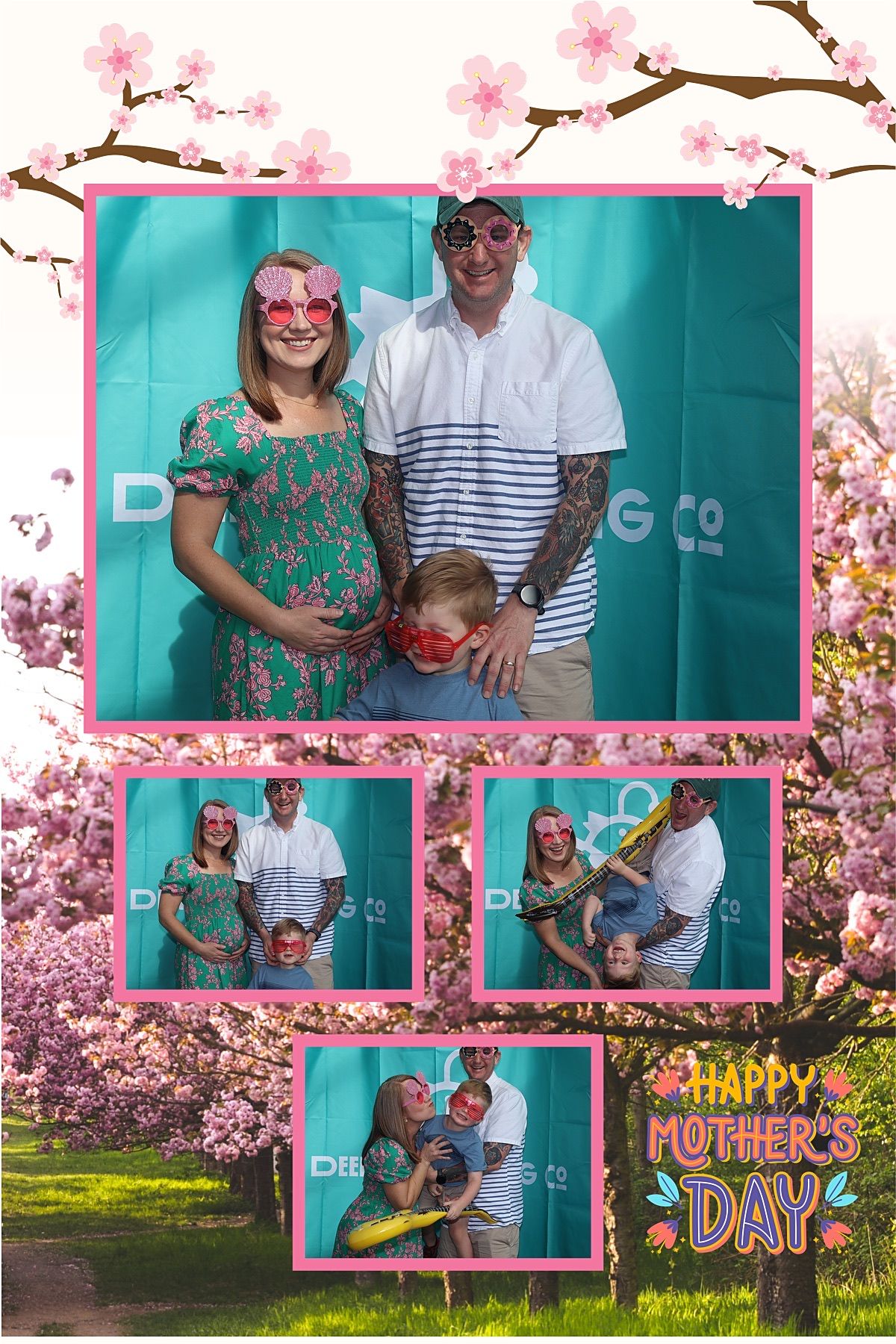 Playful Mother’s Day photo collage showing a pregnant woman in a green floral dress, partner with sleeve tattoos and their young son in red novelty shades wearing silly glasses against a cherry‑blossom backdrop.