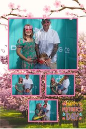 Playful Mother’s Day photo collage showing a pregnant woman in a green floral dress, partner with sleeve tattoos and their young son in red novelty shades wearing silly glasses against a cherry‑blossom backdrop.