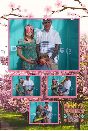 Playful Mother’s Day photo collage showing a pregnant woman in a green floral dress, partner with sleeve tattoos and their young son in red novelty shades wearing silly glasses against a cherry‑blossom backdrop.