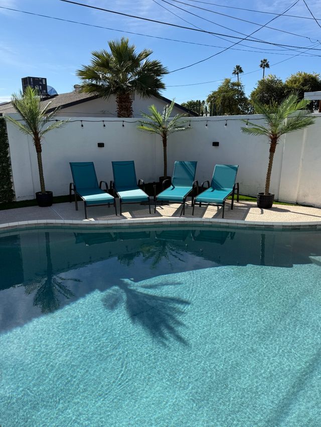 Sunny residential backyard pool with clear blue water, four teal lounge chairs, potted palm trees, white privacy wall and string lights