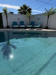 Backyard swimming pool with clear turquoise water reflecting a palm tree, four teal lounge chairs on a sunlit deck, potted palms, string lights and a white privacy wall under a bright blue sky.