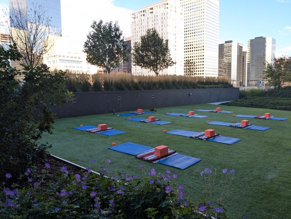 Sunlit urban rooftop lawn with blue yoga mats, orange yoga blocks and woven blankets arranged for an outdoor class, purple flowers in the foreground and high-rise buildings in the background.