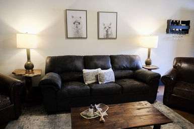 Cozy modern farmhouse living room with dark leather sofa, two throw pillows, rustic wooden coffee table, side lamps and framed llama prints