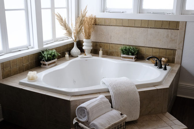 Sunlit corner soaking tub in a neutral-tiled bathroom, styled spa-like with folded white towels, plush bath mat draped over the rim, black faucet, potted greenery, candles and dried pampas grass.