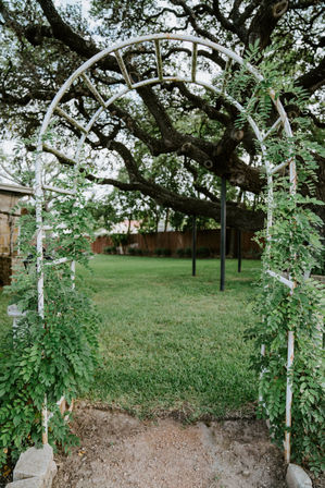 Charming white metal garden arch wrapped in green climbing vines opening onto a lush backyard lawn with a sprawling live oak tree and wooden fence