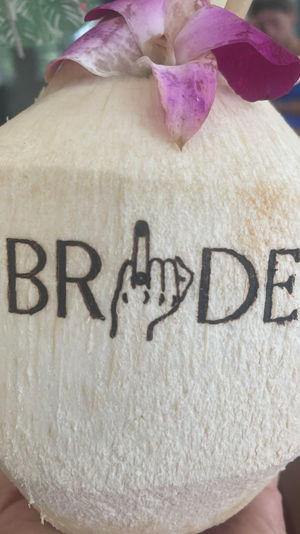 Close-up of a hand-held shaved young coconut topped with a bright pink orchid petal and a burned brand mark on the shell, tropical drink garnish