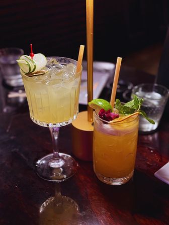 Two artisanal cocktails on a dark wooden bar table in a dim cocktail bar — a pale cucumber-garnished drink in a stemmed glass and a tropical orange cocktail with lime, mint and edible flower in a tall glass.