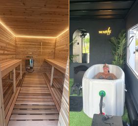 Split image: cedar-lined sauna interior with wooden benches and warm LED trim lighting on the left; mobile wellness booth on the right with a portable cold plunge tub, neon "Time to Relax" sign, faux plants and a person soaking.