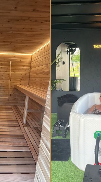 Split image: cedar-lined sauna interior with wooden benches and warm LED trim lighting on the left; mobile wellness booth on the right with a portable cold plunge tub, neon "Time to Relax" sign, faux plants and a person soaking.