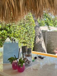 Tropical backyard tiki bar under a thatched roof with two bright pink, mint‑garnished cocktails on the counter, bar menu, bottles and leafy hedge in the background.