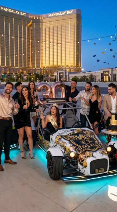 Friends celebrating a 30th birthday at dusk in Las Vegas, toasting with champagne around three illuminated custom open-top karts, rose-gold '30' balloons, confetti, and a glowing gold high-rise hotel and Strip skyline in the background.