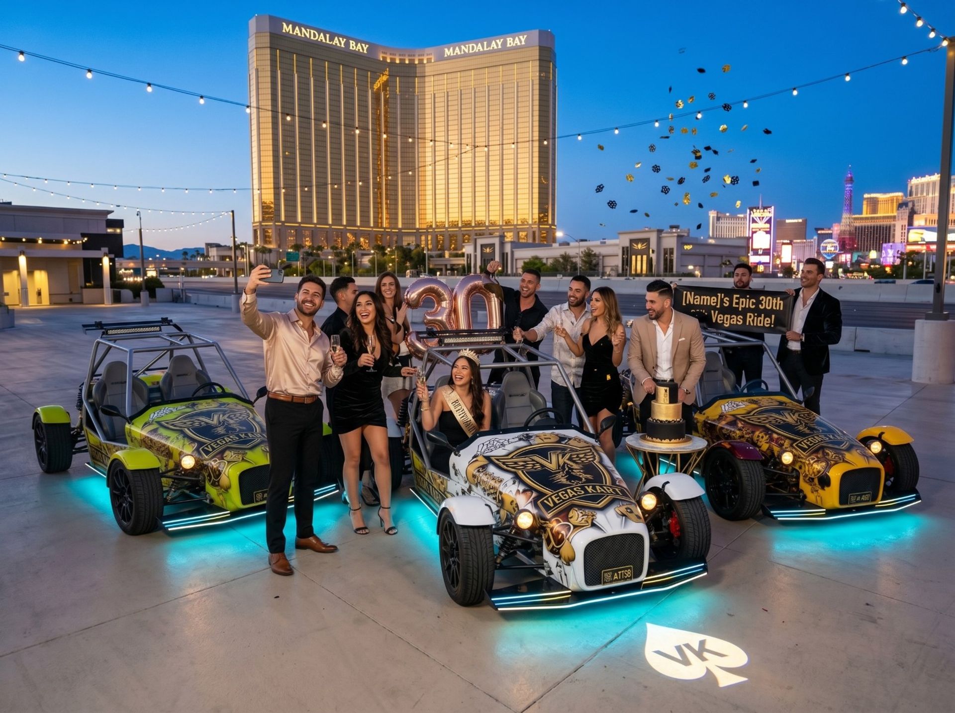 Friends celebrating a 30th birthday at dusk in Las Vegas, toasting with champagne around three illuminated custom open-top karts, rose-gold '30' balloons, confetti, and a glowing gold high-rise hotel and Strip skyline in the background.