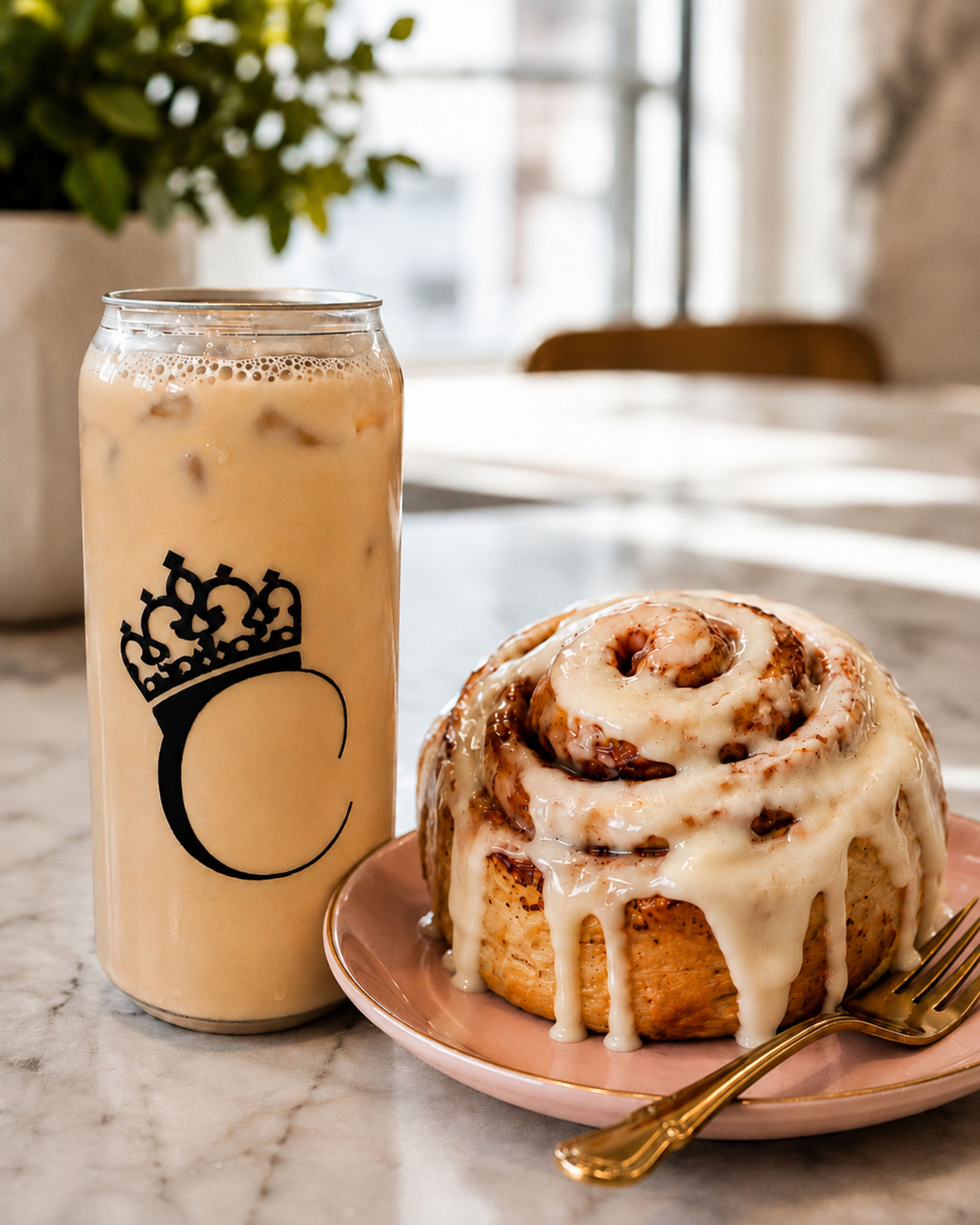 Sunlit cafe scene with an iced latte in a tall can-style glass featuring a crown logo, beside a gooey, icing-drizzled cinnamon roll on a pink plate with a gold fork on a marble table.