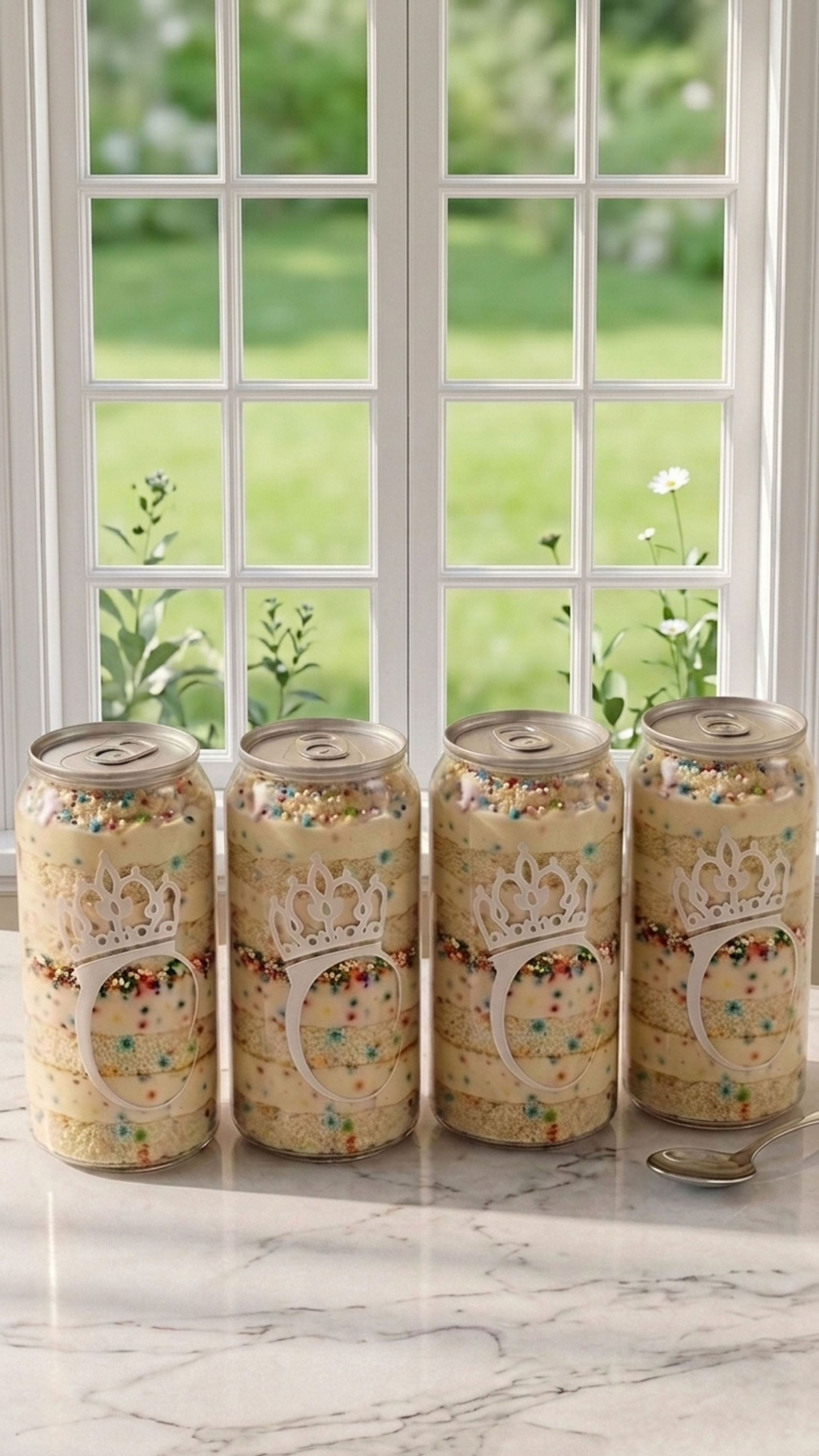 Four clear cans filled with layered funfetti cake and frosting, topped with rainbow sprinkles, lined up on a marble countertop by a sunlit multi-pane window overlooking a green garden.