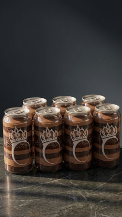 Seven clear cans of layered chocolate dessert (cake and mousse) with crown graphics, arranged on a marble countertop against a dark backdrop.