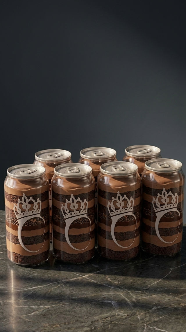 Seven clear cans of layered chocolate dessert (cake and mousse) with crown graphics, arranged on a marble countertop against a dark backdrop.