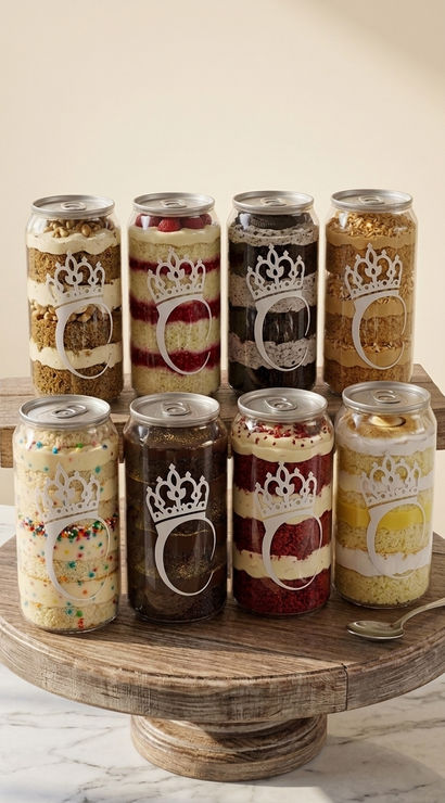 Eight clear can-shaped jars of layered cake desserts (red velvet, chocolate, lemon, funfetti and more) with a decorative crown logo, arranged on a rustic wooden cake stand over a marble countertop.