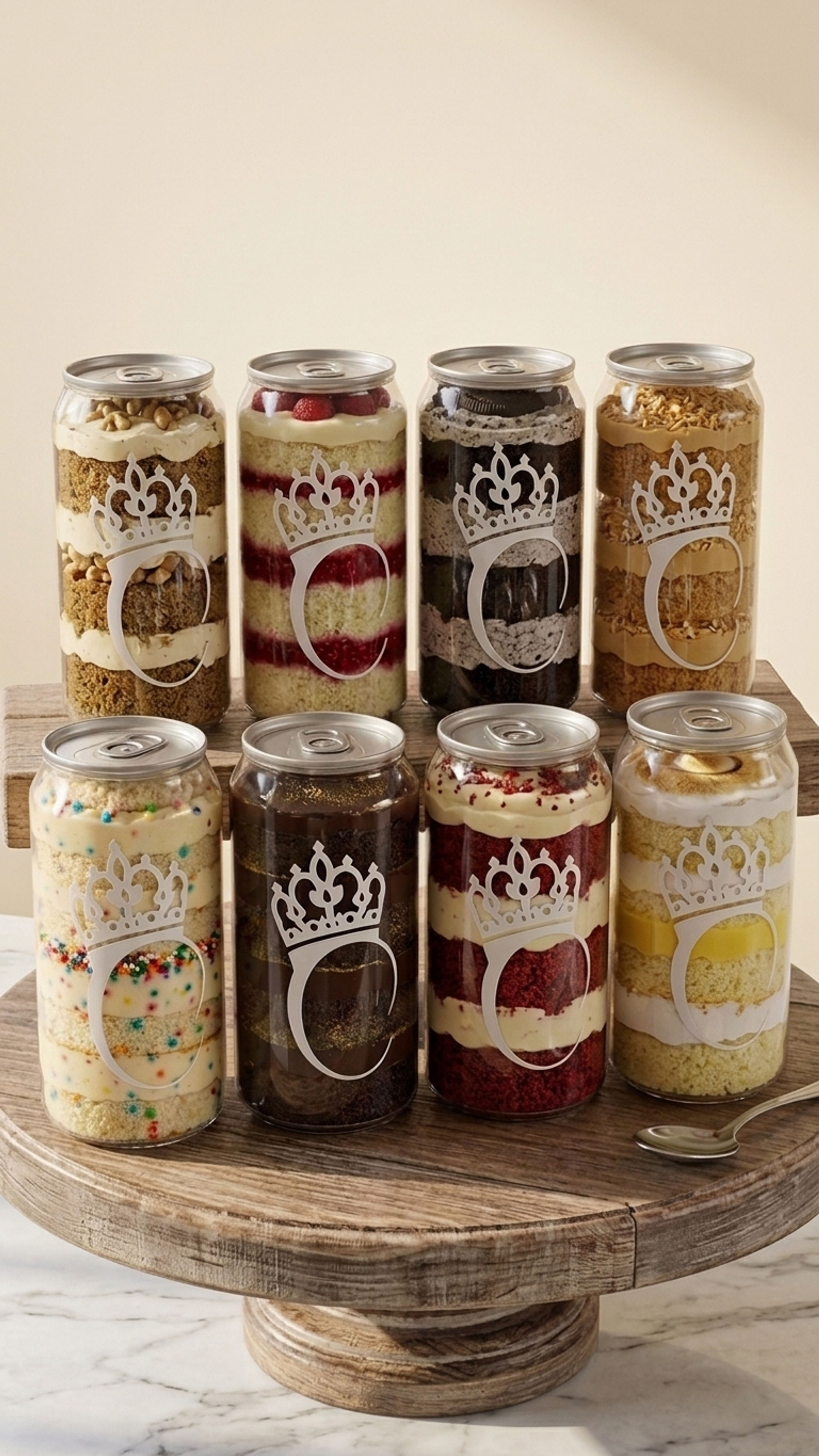 Eight clear can-shaped jars of layered cake desserts (red velvet, chocolate, lemon, funfetti and more) with a decorative crown logo, arranged on a rustic wooden cake stand over a marble countertop.