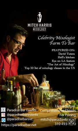 Promotional poster showing a mixologist at a dimly lit bar preparing a cocktail — close-up of a man in glasses using a shaker surrounded by bottles, jars of fresh herbs, and limes, with text overlay advertising celebrity mixology and farm-to-bar classes.