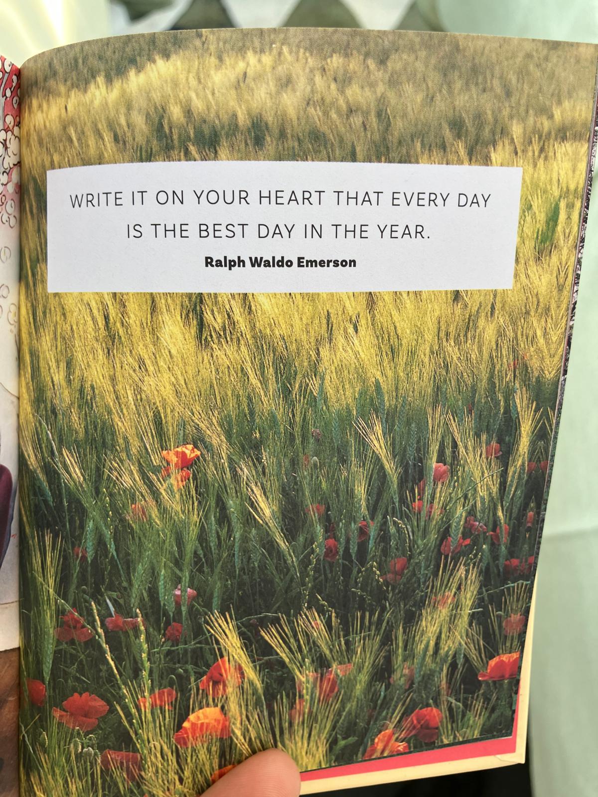 Close-up of a book page showing an inspirational quote, "Write it on your heart that every day is the best day in the year," above a sunlit wheat field sprinkled with red poppies, with a thumb holding the bottom edge.