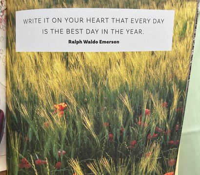 Close-up of a book page showing an inspirational quote, "Write it on your heart that every day is the best day in the year," above a sunlit wheat field sprinkled with red poppies, with a thumb holding the bottom edge.