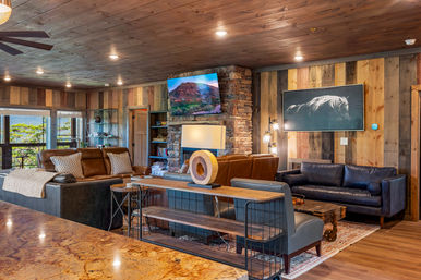 Cozy rustic mountain-lodge living room with wood-paneled walls, stone fireplace and TV, leather sofas and large windows framing a forest view.