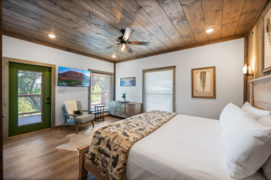 Sunlit rustic cabin bedroom with wood-paneled ceiling, king bed with patterned throw, cozy armchair, wall TV and wooden dresser, plus a green door to a tree-lined balcony.