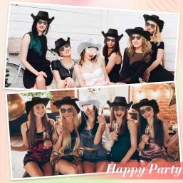 Bachelorette party collage: two indoor photos of smiling women wearing fuzzy cowboy hats and heart-shaped sunglasses, bride in a white veil and friends in party dresses toasting with champagne.