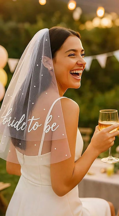 Smiling bride-to-be in a white dress wearing a pearl-studded veil embroidered “bride to be,” holding a wine glass at an outdoor garden bridal shower with balloons and string lights.