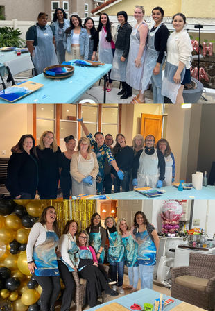 Collage of three group shots from a DIY resin art party — women wearing aprons and gloves around tables covered in blue plastic, working on round resin trays and art pieces in backyard and indoor studio spaces with festive balloons.