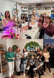 Two-photo collage of women at an indoor craft studio enjoying a DIY floral workshop and pottery party — roses, snacks, neon sign and a sash-wearing guest of honor.